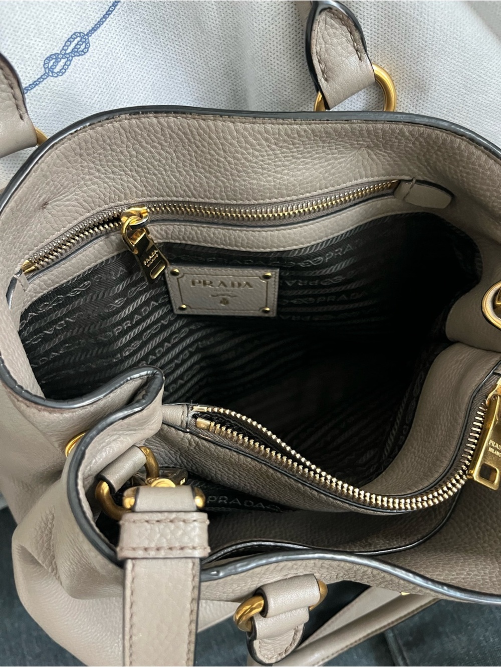 100% AUTH Prada Taupe Pebbled Leather Satchel with Gold Hardware - Picture 11 of 14